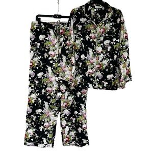 MAHOGANY Women's English Rose Pajamas 2 Piece Set Top Pants Black Floral 2X
